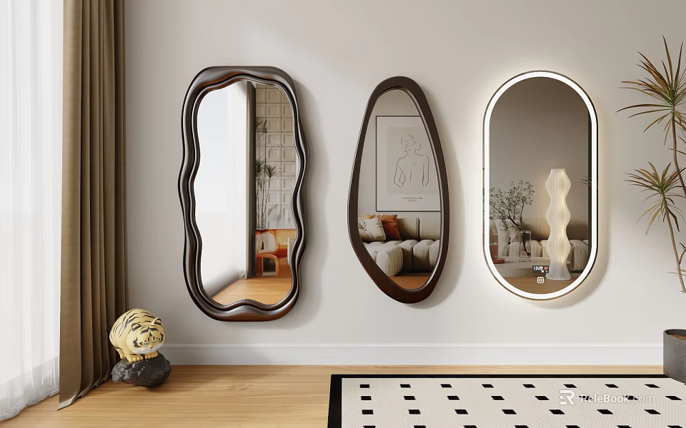 Decorative Wall Mounted Mirrors Featuring Wavy and Oval Shapes in Living Room Interior 3d model 