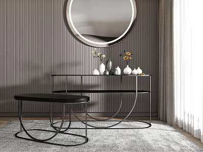 Elegant Console Table With Circular Mirror Vases And Black Bench In Modern Room 3d model