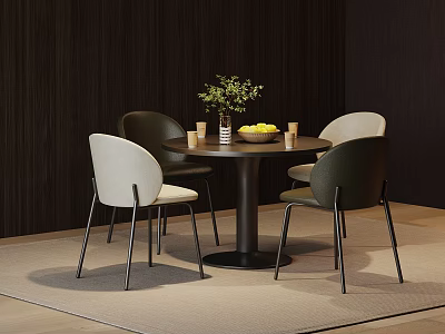 Modern Round Negotiation Table with White Dark Green Chairs and Green Plant on Light Carpet 3d model