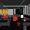 Modern Bar Interior Design With Wine Racks Red Sofas Black Furniture And Lighting
