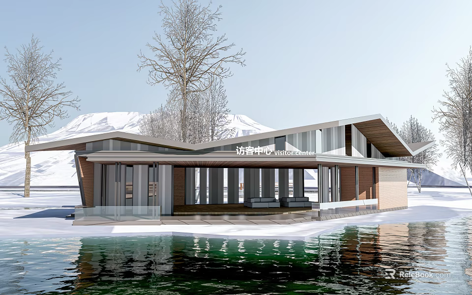 Modern Lakeside Visitor Center With Glass Facade Wooden Roof And Snow Mountain View 3d model 