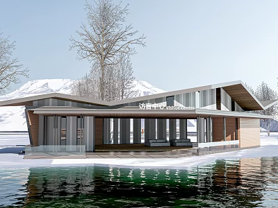 Modern Lakeside Visitor Center With Glass Facade Wooden Roof And Snow Mountain View 3d model