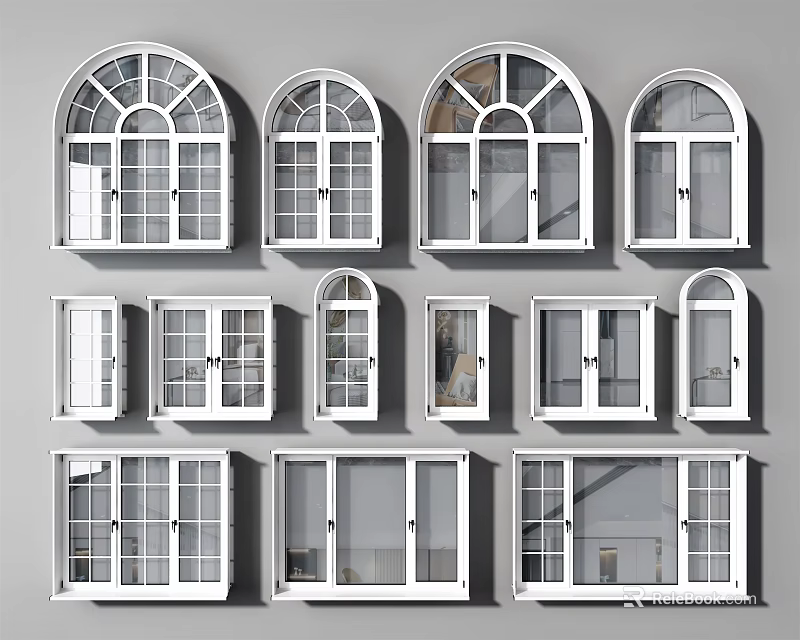Various White Framed Window Designs With Different Shapes And Architectural Styles 3d model