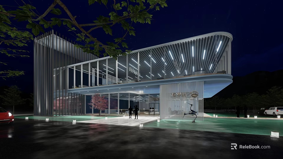 Modern Architectural Building Exterior With Glass Curtain Wall And Night Lighting At Entrance 3d model 