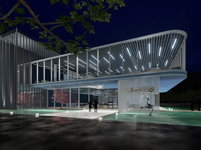 Modern Architectural Building Exterior With Glass Curtain Wall And Night Lighting At Entrance 3d model
