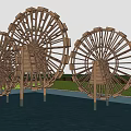 Riverside Waterfront Landscape With Wooden Water Wheels Green Grass And Tall Trees