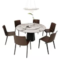 Round Marble Tabletop Dining Set With Six Brown Chairs White Pendant Light 3d model