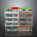 Multi Story Residential Commercial Building Model Featuring Colorful Roofs Different Facades And Ground Floor Shops