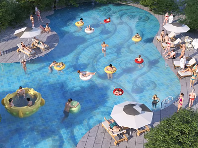 Relaxing Outdoor Swimming Pool Area With People Inflatable Tubes Lounge Chairs And Umbrellas 3d model