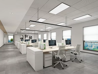 Modern Open Public Office Space With White Desks Computers And City View Windows 3d model