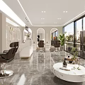 Modern Beauty Salon Interior Featuring Comfortable Sofa Round Coffee Table Arch Mirrors And Stylish Chairs