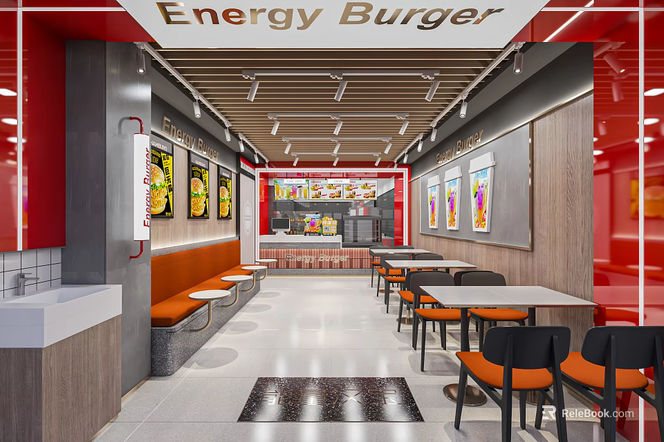 Energy Burger Restaurant Interior Design With Red Gray Decor Seating And Posters 3d model 