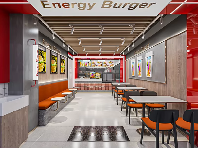 Energy Burger Restaurant Interior Design With Red Gray Decor Seating And Posters 3d model