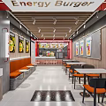 Energy Burger Restaurant Interior Design With Red Gray Decor Seating And Posters 3d model