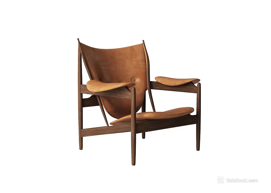 Stylish Modern Leisure Chair With Brown Leather Upholstery And Wooden Frame Armrests 3d model 