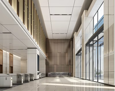 Modern Spacious Bright Lobby Reception Desk With Glass Curtain Walls Marble Walls And Metal Decorations 3d model