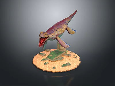 Colorful Dinosaur Character Figure With Open Mouth Sharp Teeth And Detailed Grass Sand Base 3d model