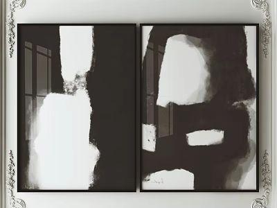 Two Panel Black And White Abstract Framed Wall Art Decorative Paintings On White Background 3d model