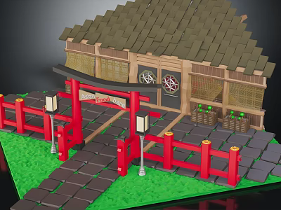 Traditional Japanese Building Featuring Red Torii Gate Tiled Roof Wooden Windows Red Fence And Lanterns 3d model
