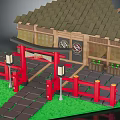 Traditional Japanese Building Featuring Red Torii Gate Tiled Roof Wooden Windows Red Fence And Lanterns
