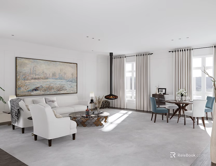 Elegant Living Dining Room With White Sofas Dining Table Artwork Fireplace And Windows 3d model 