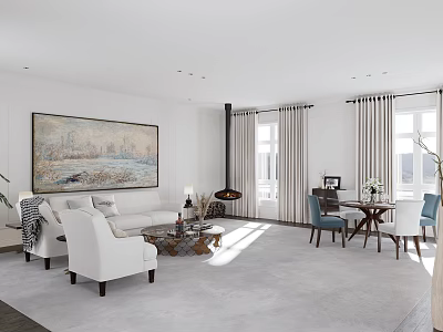 Elegant Living Dining Room With White Sofas Dining Table Artwork Fireplace And Windows 3d model