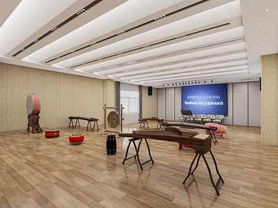 Traditional Chinese Musical Instruments Room With Wooden Floor Modern Ceiling And Blue Screen 3d model