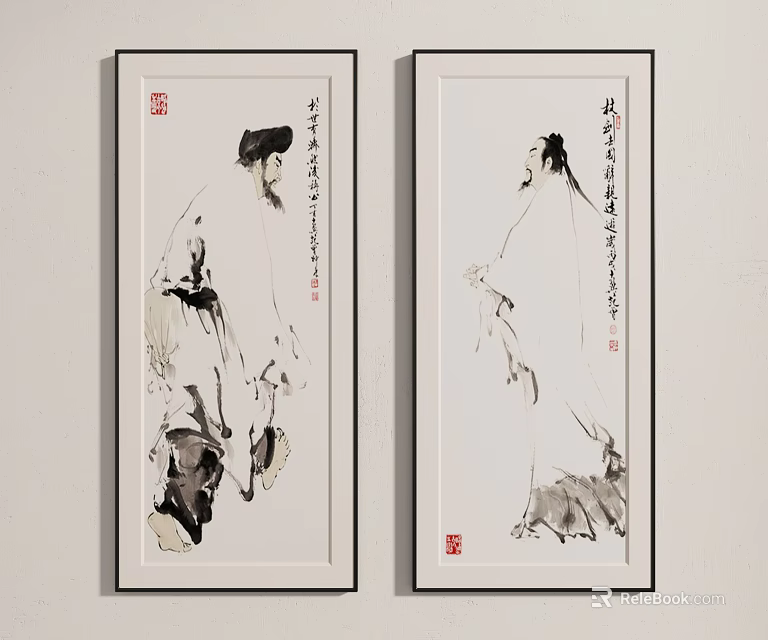 Chinese Ink Wash Figure Paintings With Calligraphy And Red Seals Framed On Wall 3d model 
