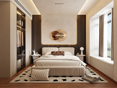 Modern Bedroom Interior With Headboard Wall Decorative Mirror Nightstands Table Lamps And Rug 3d model