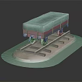 Railway Freight Car With Green Cover On Railway Tracks And Light Green Base
