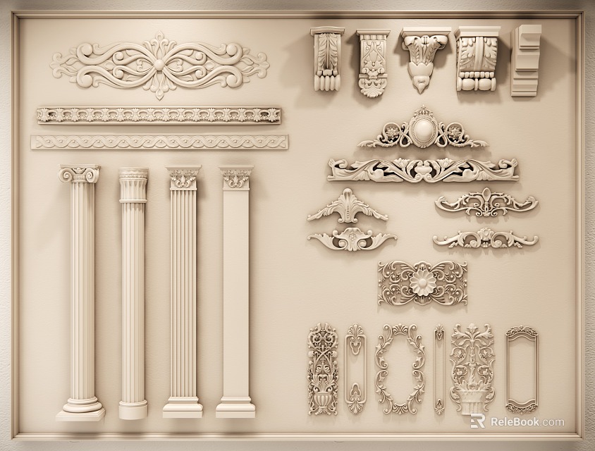 Classic Carved Decorations Including Ornamental Moldings Columns and Decorative Motifs for Interior Design 3d model 