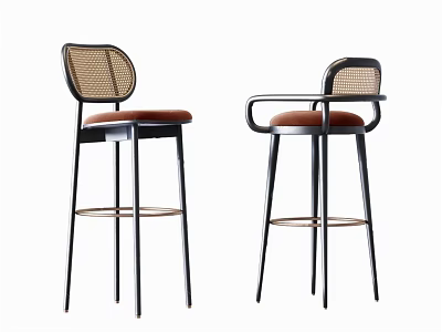 Modern Bar Stools With Woven Backrest Brown Padded Seat And Black Metal Legs 3d model