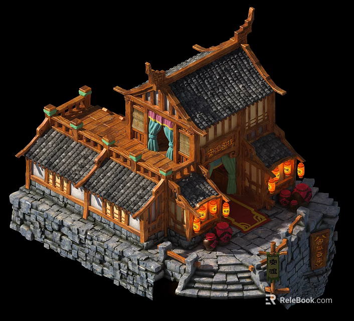 Cartoon Scene of Ancient Chinese Wooden Building With Tile Roof Lanterns and Stone Steps 3d model 