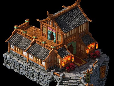 Cartoon Scene of Ancient Chinese Wooden Building With Tile Roof Lanterns and Stone Steps 3d model