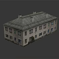Cartoon Style 3D Brick Building Scene With Gray Roof Chimneys Windows And Base Reflection