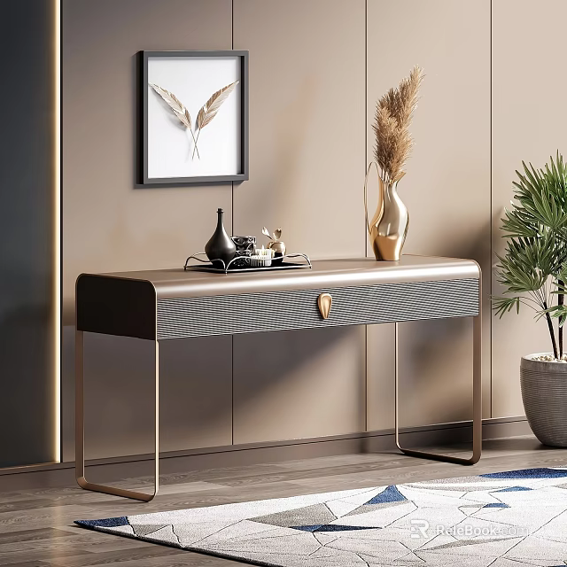 Elegant Modern Desk Interior Design With Carbon Fiber Top Metal Legs Wall Art And Vase 3d model 