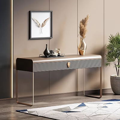 Elegant Modern Desk Interior Design With Carbon Fiber Top Metal Legs Wall Art And Vase 3d model