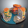 Cartoon Scene of Colorful Canal Town with Orange Roofs Balconies and Small Boats