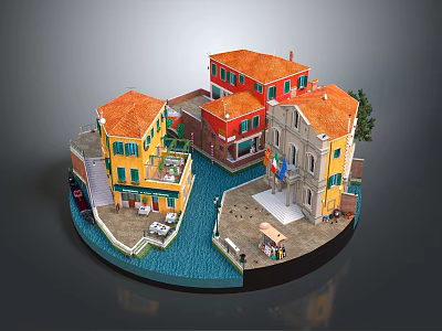 Cartoon Scene of Colorful Canal Town with Orange Roofs Balconies and Small Boats 3d model