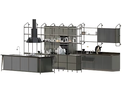 Modern Kitchen Featuring Sleek Cabinets Island Range Hood And Metal Racks 3d model