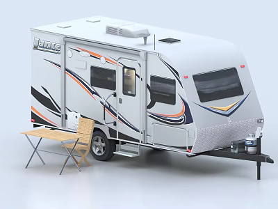 Modern Travel Trailer Exterior With Colorful Stripes And Portable Table Chairs 3d model