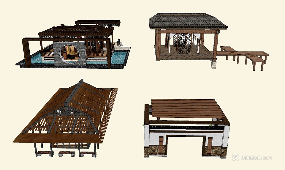 Traditional Chinese Architectural Models With Wooden Roofs And Courtyard Structures 3d model 