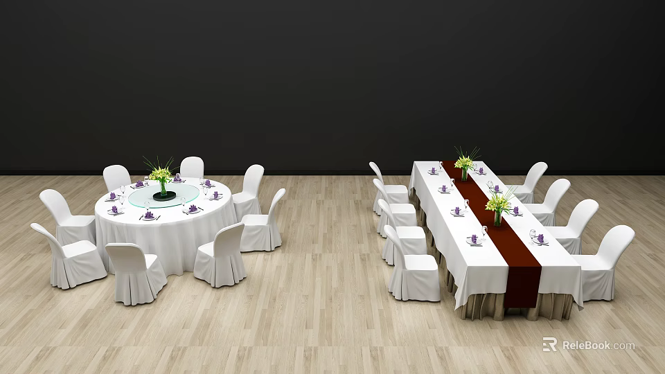 Dining Table Set Featuring Round Long Tables White Tablecloths Chairs Green Floral Red Runners 3d model 