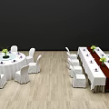 Dining Table Set Featuring Round Long Tables White Tablecloths Chairs Green Floral Red Runners