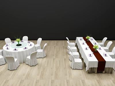 Dining Table Set Featuring Round Long Tables White Tablecloths Chairs Green Floral Red Runners 3d model