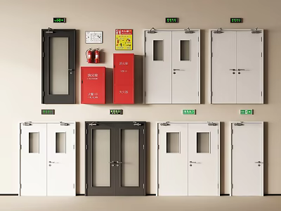 Various Double Doors with Fire Equipment and Green Exit Signs 3d model