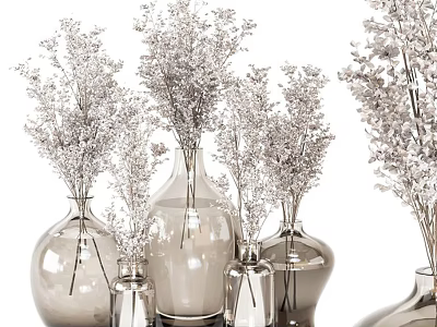 Collection of Glass Vases With Decorative Flowers In Different Sizes For Home Decor 3d model