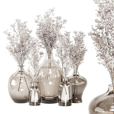 Collection of Glass Vases With Decorative Flowers In Different Sizes For Home Decor 3d model