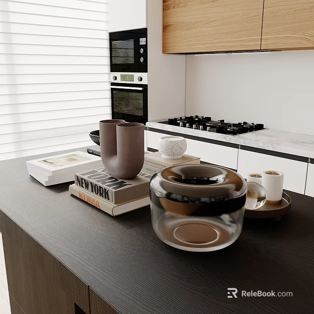 Modern Kitchen Interior Design With Island Counter Appliances Books And Tableware 3d model 