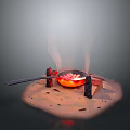 Traditional Long Handled Pan For Outdoor Cooking With Flame Firewood And Meat Pieces